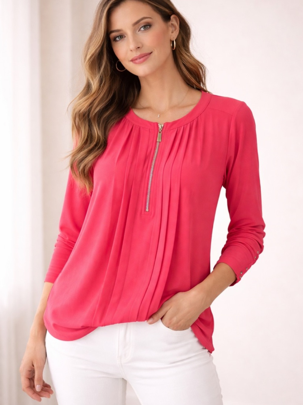 ROZ & ALI Salmon Pink Pleated Quarter Zip Long Sleeve Blouse S NWOT